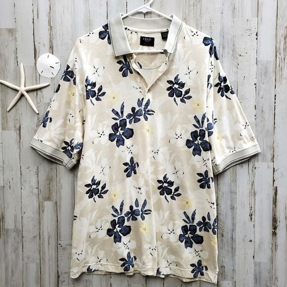 Izod Polo Shirt Floral Tan Size Large - Picture 1 of 11